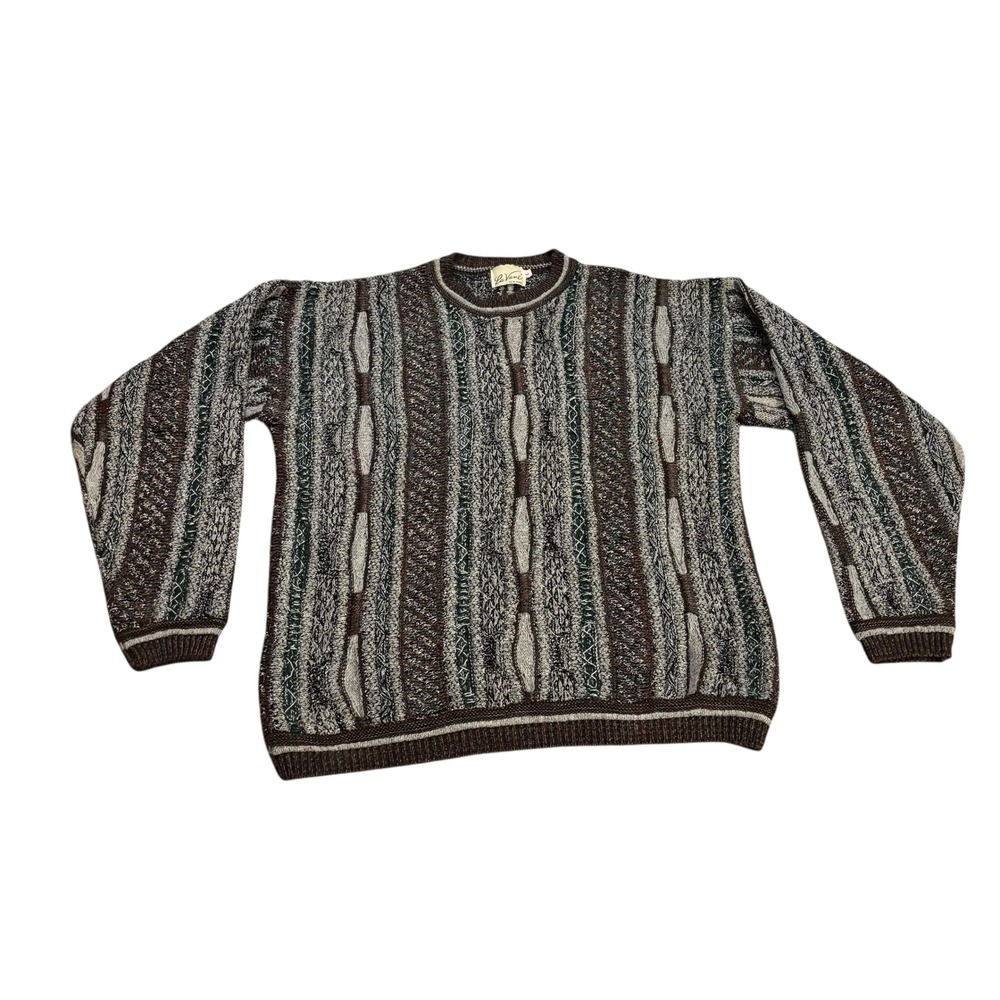 La‎ Vane New York Mens Sweater Large Crew Neck Knit Striped Brown Green Acrylic